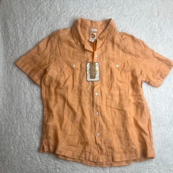 NWT‎ C&C California men's Orange 100% linen short sleeve button up beach summer - Picture 2 of 7